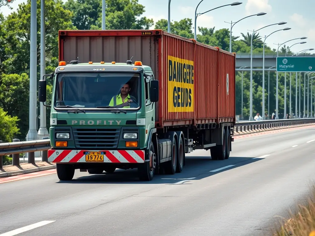 A specialized truck transporting a container with dangerous goods signage on a Malaysian highway, adhering to strict safety protocols.