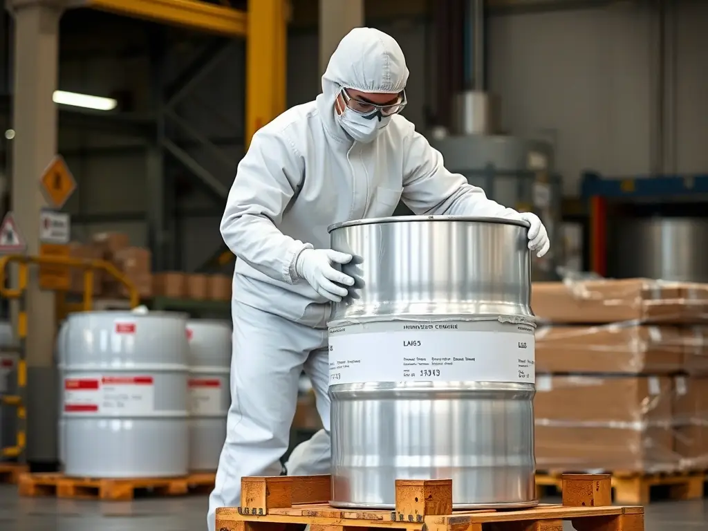 A worker in protective gear carefully loading a drum of chemicals onto a pallet, with appropriate safety signage visible in the background.