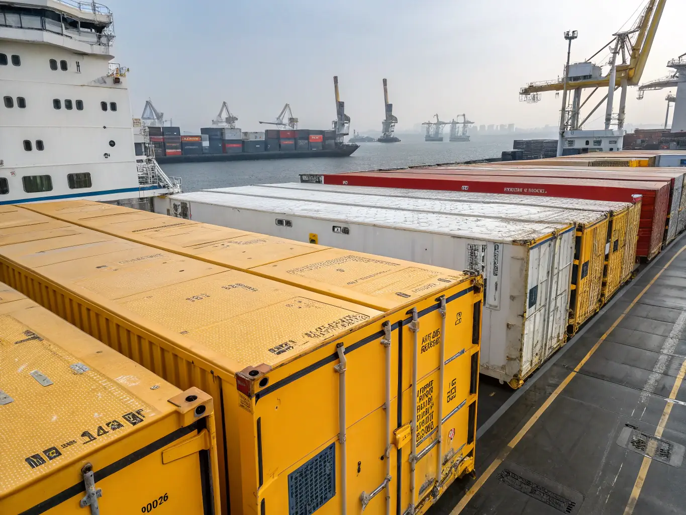 A modern reefer container being loaded onto a cargo ship at Port Klang, Malaysia, with a focus on the temperature control unit.