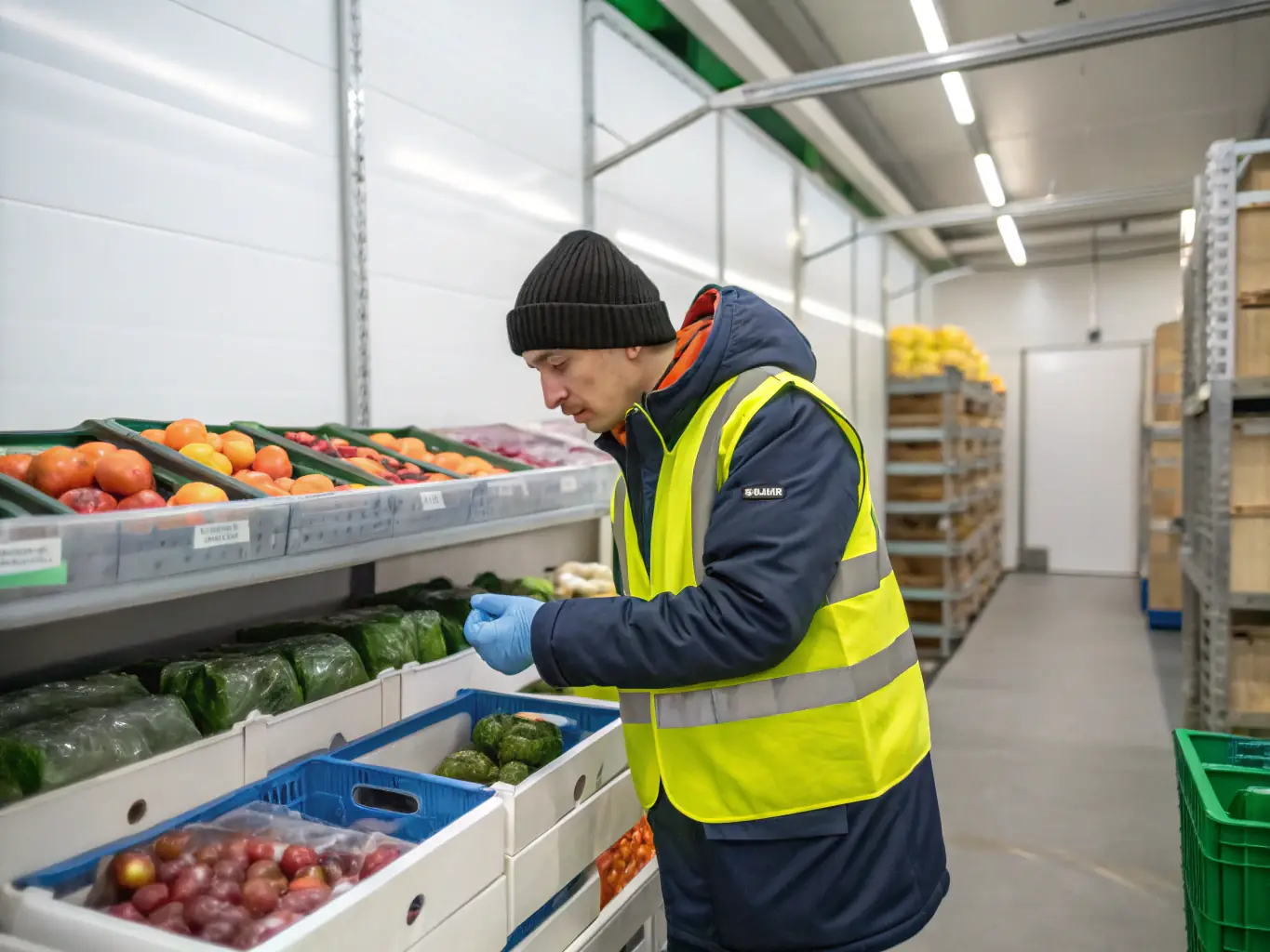 A brightly lit warehouse interior with workers carefully loading boxes of fresh produce into a refrigerated container, showcasing the handling of perishable goods.
