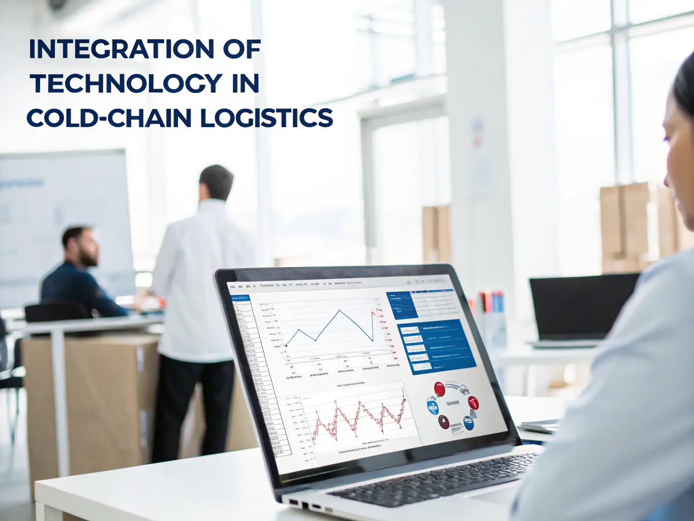 A team of logistics professionals inspecting temperature logs inside a refrigerated truck.