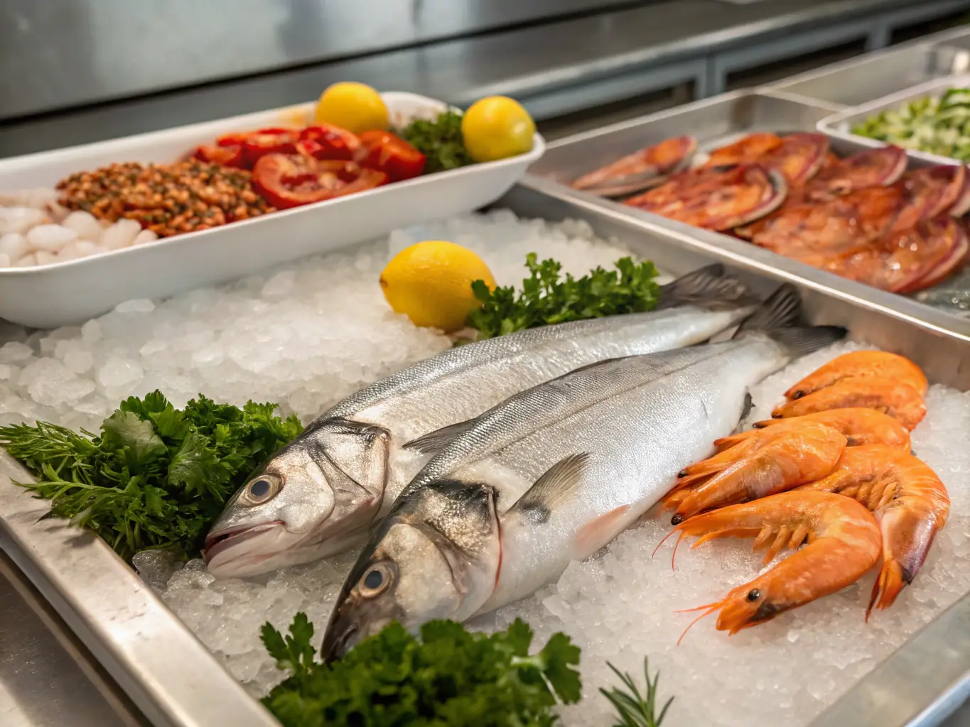 A close-up shot of a variety of fresh seafood (fish, prawns, crabs) arranged on ice, highlighting the freshness and quality maintained during transport.