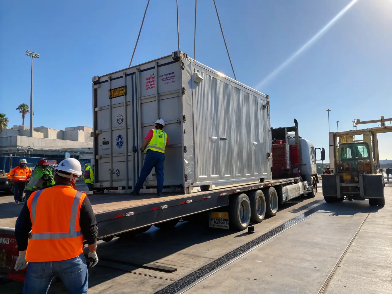 A secure container with hazard labels being loaded into a freight vehicle, emphasizing safety compliance.