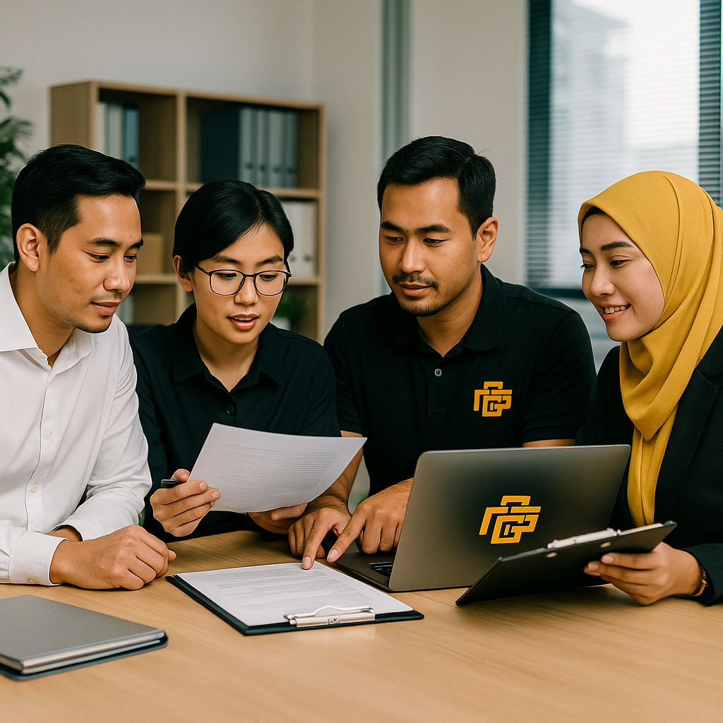 Four logistics professionals in a modern office discussing shipment documents with NNGGMY branding visible on a laptop.