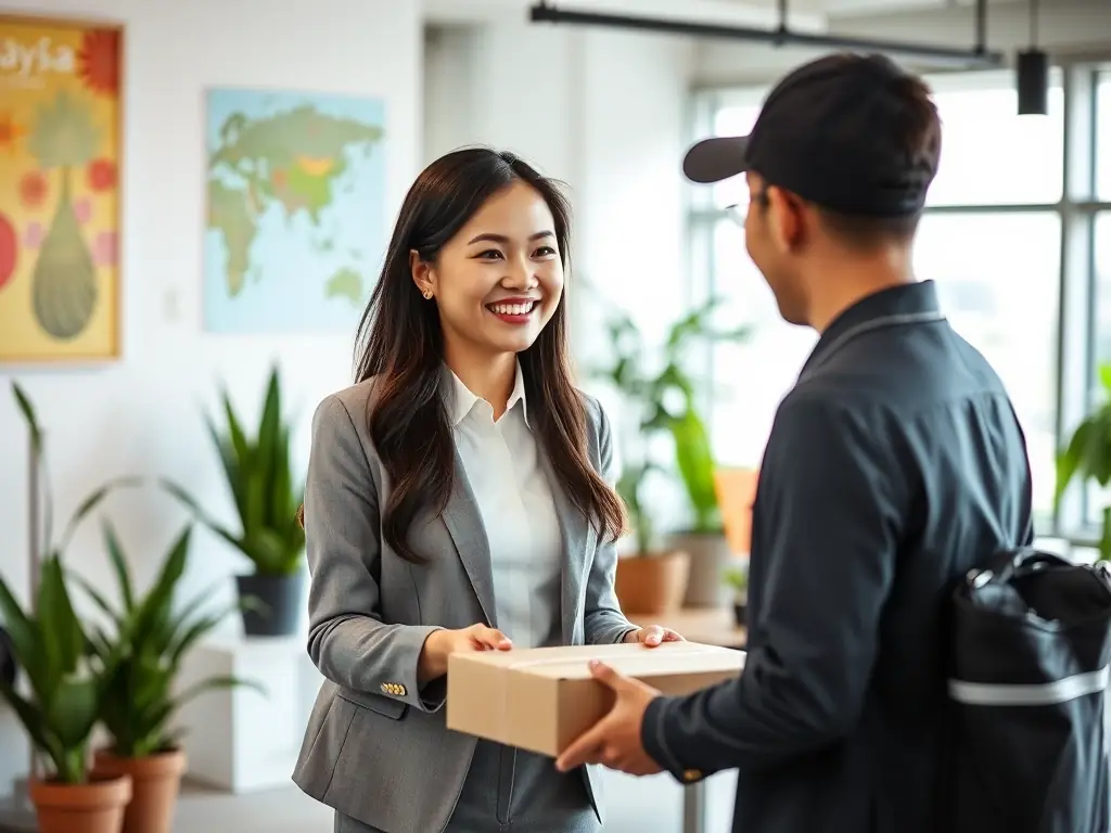 A Malaysian SME representative happily receiving a package at their office, symbolizing the convenience of NNGGMY Ventures' door-to-door delivery service. The background shows a modern office setting with subtle Malaysian decor.