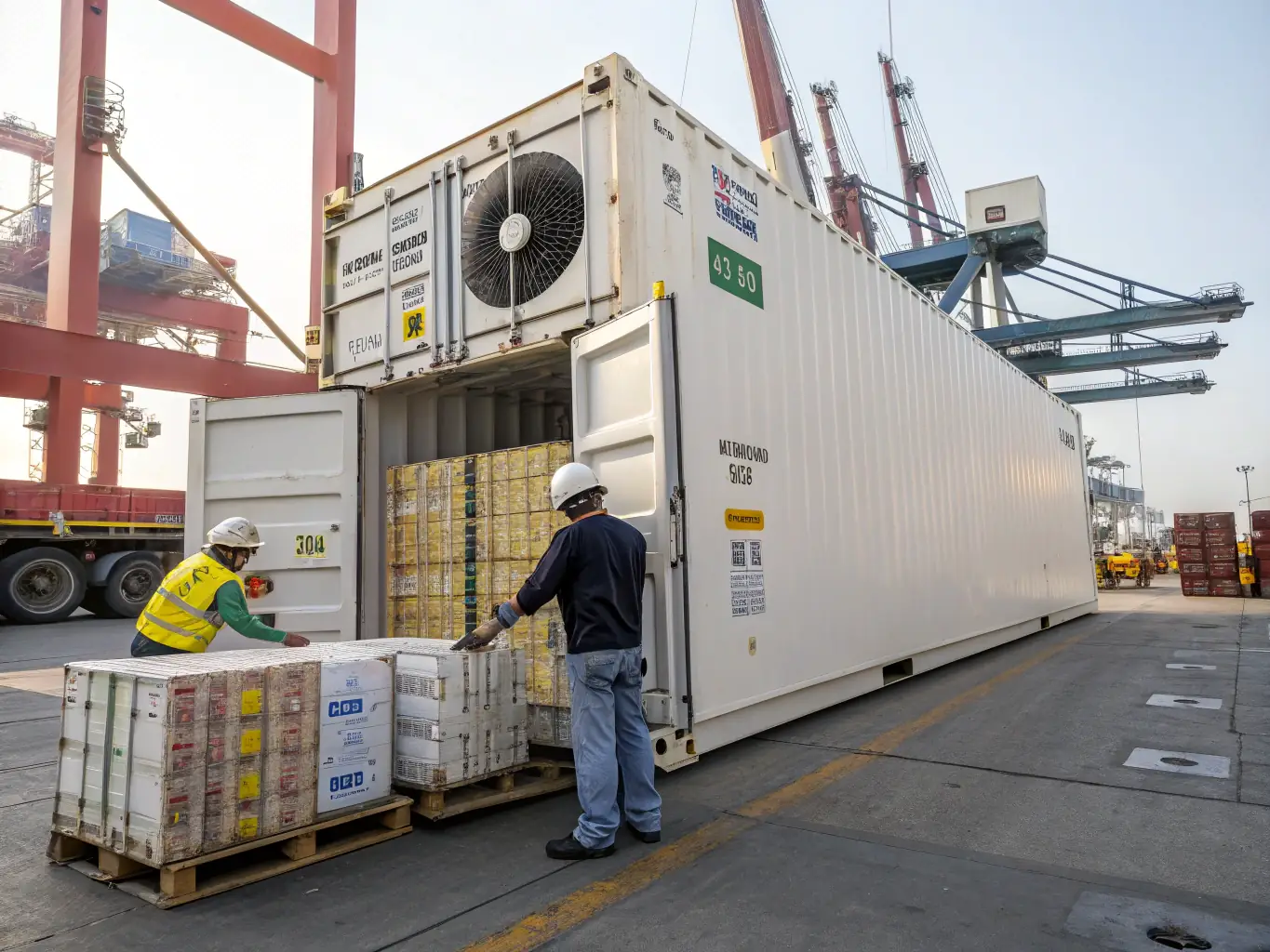 A reefer container being loaded onto a truck at a Malaysian port, highlighting NNGGMY Ventures' expertise in handling temperature-sensitive goods. The scene is set during a sunny day to emphasize the efficiency of the operation.