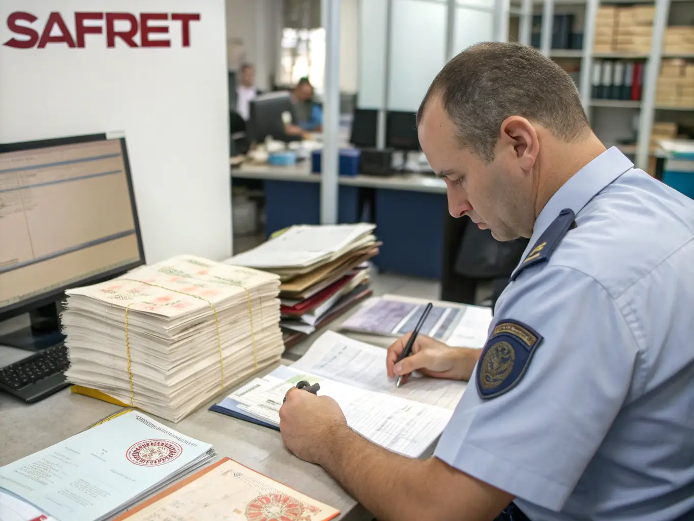 A customs clearance officer reviewing documents at a Malaysian customs office, showcasing NNGGMY Ventures' proficiency in navigating customs regulations. The office is well-lit and organized, conveying professionalism.